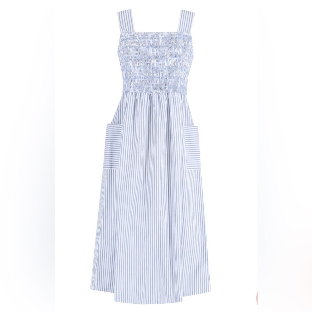 Dondolo Women’s Blue Striped Smocked Grace Sun Dress Medium M Small Midi